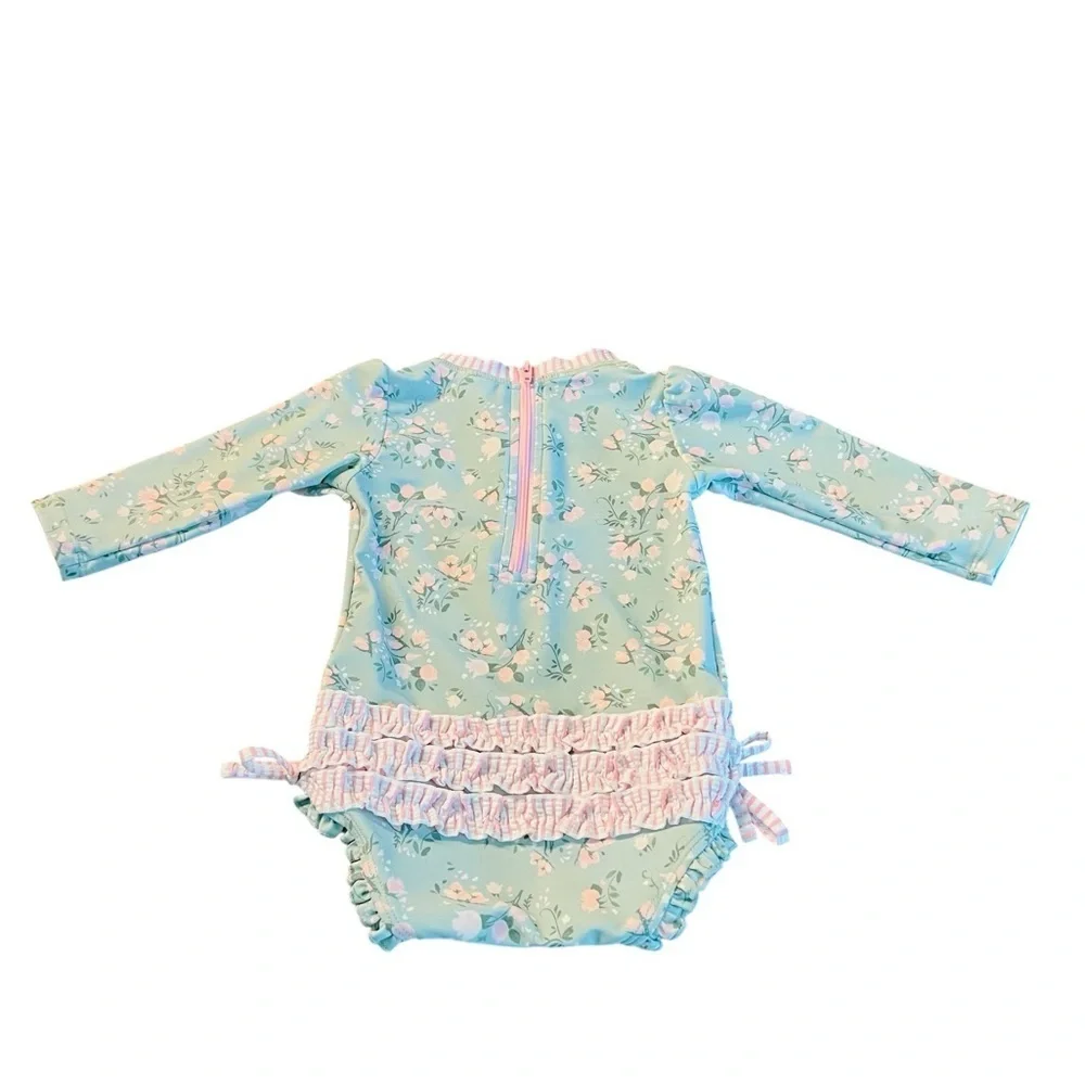Ruffle Butts Mint and Pink Floral Baby One Piece Rashguard Swimsuit